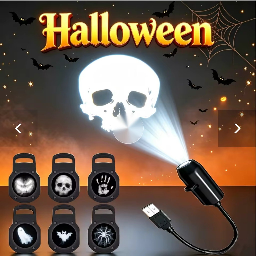 Proyector Halloween: calavera proyectada y discos de patrones
