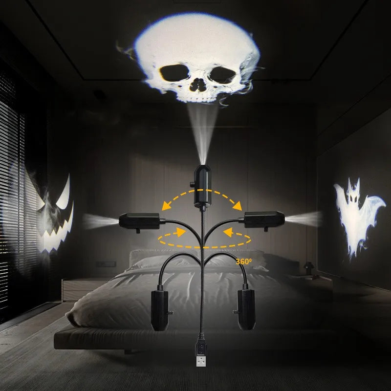Calavera proyectada en el techo del dormitorio con cabezal orientable 360 grados