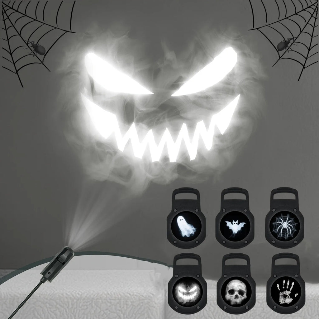 Proyector Halloween LED con 6 discos de patrones: calabaza, calavera, fantasma, murcielago, arana y mano