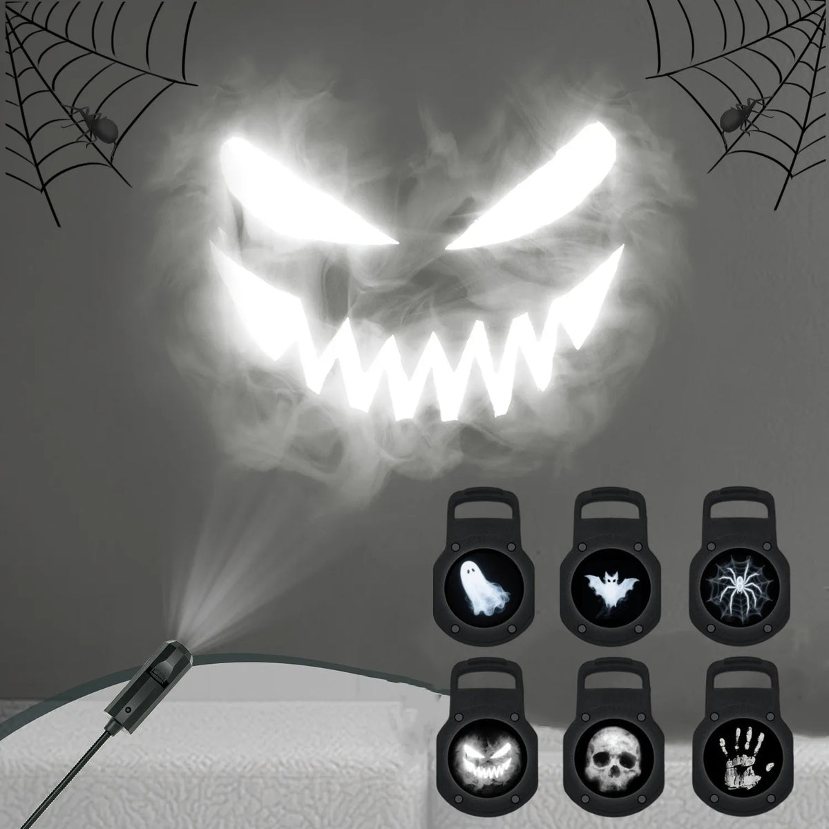 Proyector Halloween LED con 6 discos de patrones: calabaza, calavera, fantasma, murcielago, arana y mano