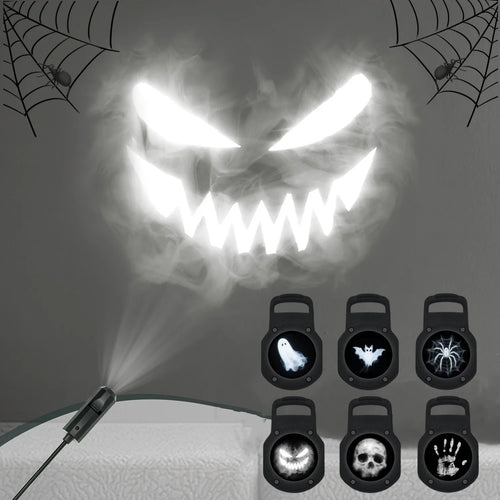 Proyector Halloween LED con 6 discos de patrones: calabaza, calavera, fantasma, murcielago, arana y mano